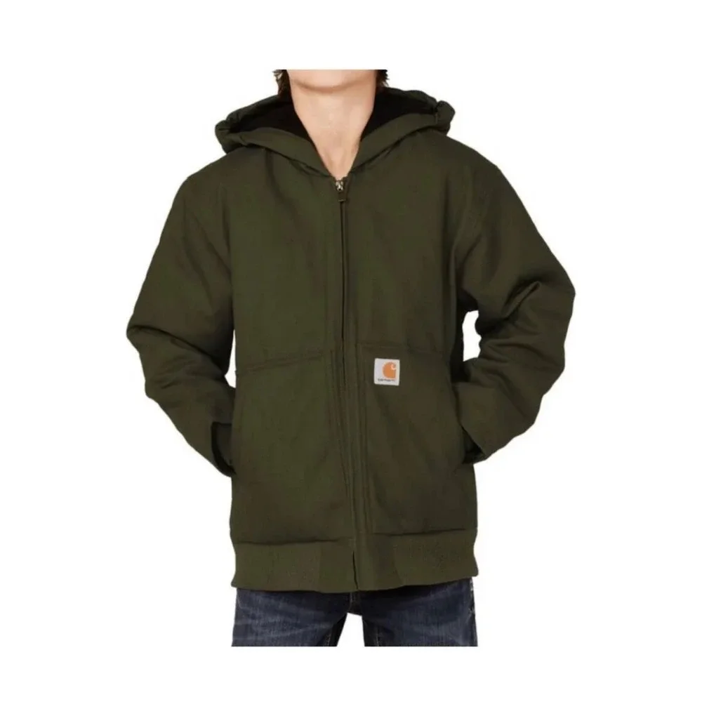 Carhartt Kids Active Jacket Olive Green Canvas Quilted Hooded Coat Medium 10-12